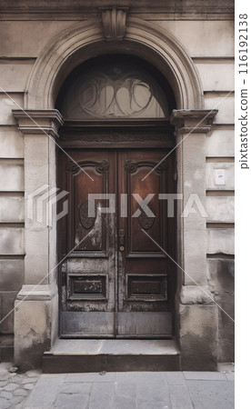 Vintage brown wooden front door on the facade of a building, AI generated 116192138