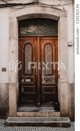 Vintage brown wooden front door on the facade of a building, AI generated Vintage brown wooden front door on the facade of a building, AI generated 116192139