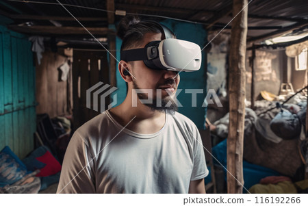 Happy man in virtual reality glasses in the slums and mess, escape from reality, virtual life concept. Generative AI 116192266