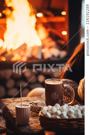 Hot coffee or cocoa with marshmallows on the background of a burning fireplace, cold season, autumn vibe Hot coffee or cocoa with marshmallows on the background of a burning fireplace, cold season, autumn vibe 116192289