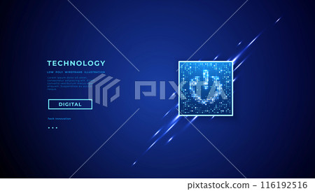 A power button on a digital semiconductor. AI chip with power icon A power button on a digital semiconductor. AI chip with power icon 116192516
