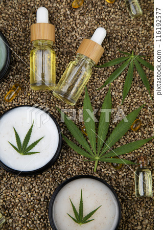 Flat lay composition, cbd, Cannabis leaves with marijuana Flat lay composition, cbd, Cannabis leaves with marijuana 116192577