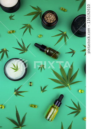 Flat lay composition, cbd, Cannabis leaves with marijuana Flat lay composition, cbd, Cannabis leaves with marijuana 116192610