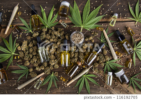Cbd oil and marijuana plant, hemp seeds, medical marijuana concept 116192705