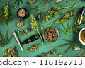 Top view of marijuana leaves and cannabis buds, cbd concept 116192713