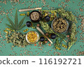 Flat lay, Top view of marijuana leaves and cannabis buds, cbd concept 116192721