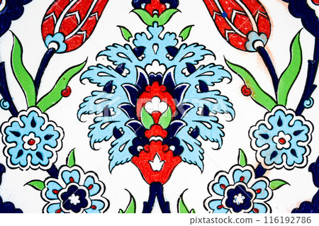 Colorful traditional Turkish ceramic tile pattern with floral motifs, texture, background. 116192786