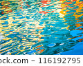 Colorful reflections on water creating an abstract pattern with vibrant hues of blue, yellow, red, and green. 116192795