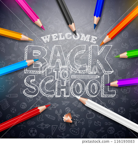 Back to School Design with Colorful Pencil and Typography Lettering on Black Chalkboard Background. Vector School Education Illustration with Hand Drawn Doodles for Greeting Card, Banner, Flyer Back to School Design with Colorful Pencil and Typography Lettering on Black Chalkboard Background. Vector School Education Illustration with Hand Drawn Doodles for Greeting Card, Banner, Flyer 116193083