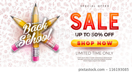 Back to School Sale Design with Graphite Pencil and Typography Letter on Hand Drawn Doodles Background. Vector Business Concept Illustration with Special Offer Elements for Coupon, Voucher, Banner 116193085