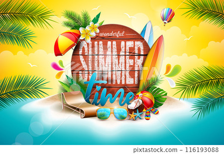 Summer Time Holiday Design with Flower, Tropical Palm Leaves and Beach Holiday Elements on Ocean Landscape Background. Vector Vacation Illustration with Typography Letter on Vintage Wood Board for 116193088