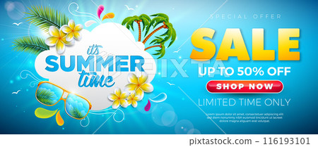 Summer Sale Banner Design with Flower, Sunglasses and Beach Holiday Elements on Blue Background. Tropical Vacation Vector Floral Illustration with Special Offer Typography for Coupon, Voucher, Flyer 116193101