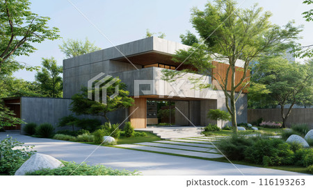 Exterior perspective drawing of a house with exposed concrete Exterior perspective drawing of a house with exposed concrete 116193263