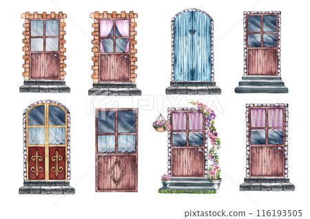 Clip art with retro doors. Cute vintage Provence style doors. Watercolor illustrations made by hand. Highlight them. A design element for home, children's games, postcards and decor. 116193505