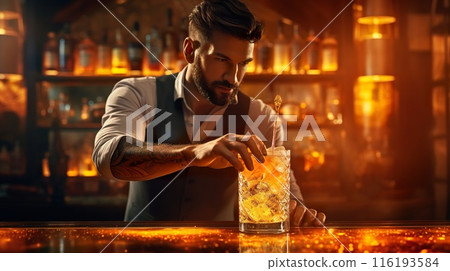 bartender prepare orange citrus cocktail with rum or whiskey, stylish illustration, generative AI 116193584
