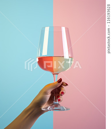 female hand holding white wine or champagne on pink and blue background, pastel style, generative AI 116193628