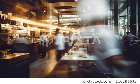 crowded restaurant with people dining and waiters, bartender and chefs working, blurred motion 116193632