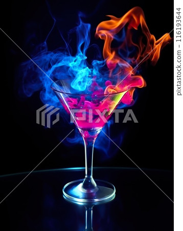 martini glass with colorful alcohol and smoke on black background, burning cocktail with neon glow 116193644