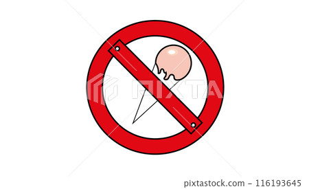 Red circle with crossed out ice cream cone inside, sign prohibiting eating ice cream indoors on white background, ban on entering the premises with ice cream 116193645