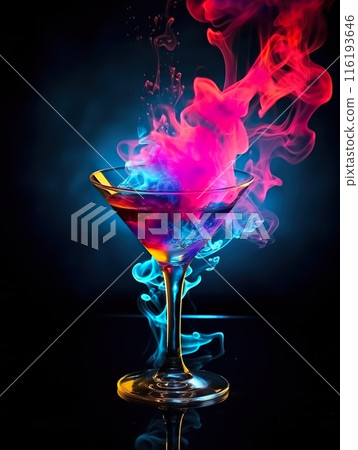 martini glass with colorful alcohol and smoke on black background, burning cocktail with neon glow 116193646