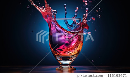 colorful splashing drink at bright vivid multicolored background, in style of dark purple, blue pink 116193671
