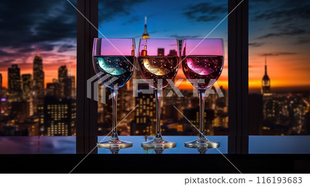colorful drinks in wine glass and big night city background, illuminated skyline with skyscraper 116193683