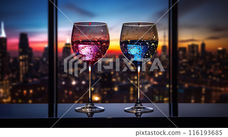 colorful drinks in wine glass and big night city background, illuminated skyline with skyscraper 116193685