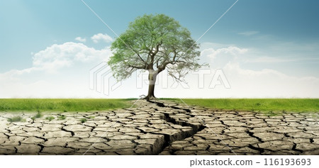 lonely tree in middle of dry ground, plant in desert, climate change concept, generative AI lonely tree in middle of dry ground, plant in desert, climate change concept, generative AI 116193693