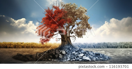 lonely tree in middle of dry ground, plant in desert, seasons change concept, generative AI lonely tree in middle of dry ground, plant in desert, seasons change concept, generative AI 116193701