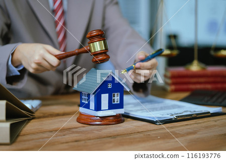 Justice and law concept. Real Estate Law in a courtroom the gavel, working with digital tablet computer on wood table in sun light. Justice and law concept. Real Estate Law in a courtroom the gavel, working with digital tablet computer on wood table in sun light. 116193776