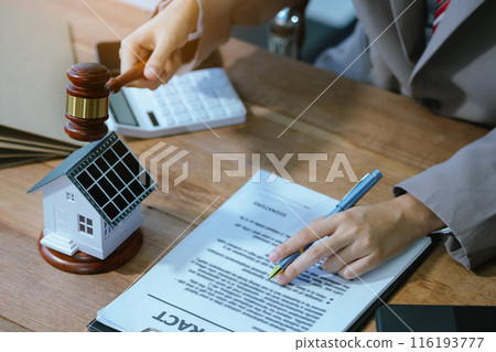 Justice and law concept. Real Estate Law in a courtroom the gavel, working with digital tablet computer on wood table in sun light. Justice and law concept. Real Estate Law in a courtroom the gavel, working with digital tablet computer on wood table in sun light. 116193777