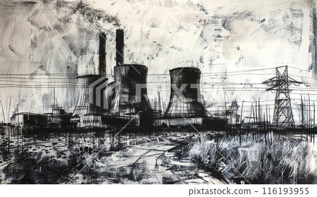Industrial landscape painting in monochrome of a power plant 116193955