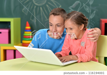 Portrait of brother and sister using laptop  116194001