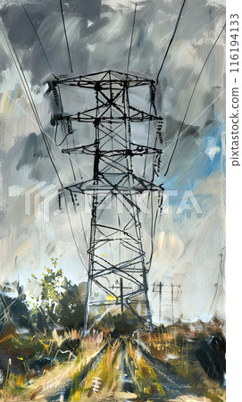 Power line tower painting in dynamic brushstrokes 116194133