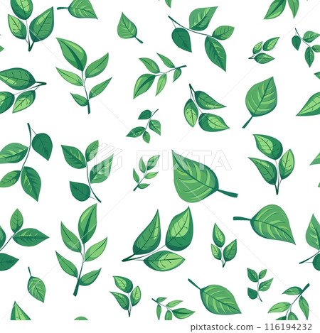 seamless pattern features various shades and shapes of green leaves against a white background. Perfect for nature-themed designs, eco-friendly packaging, and botanical illustrations seamless pattern features various shades and shapes of green leaves against a white background. Perfect for nature-themed designs, eco-friendly packaging, and botanical illustrations 116194232
