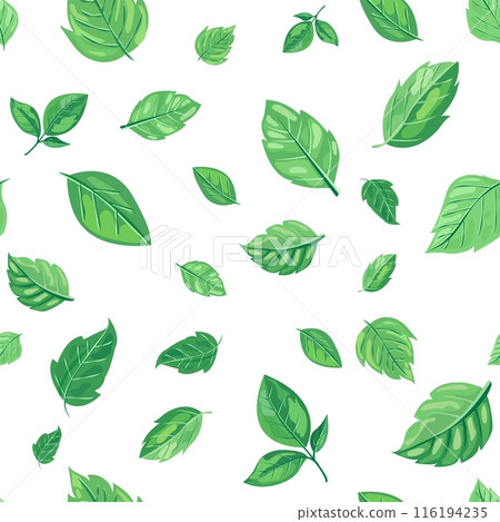 seamless pattern features various shades and shapes of green leaves against a white background. Perfect for nature-themed designs, eco-friendly packaging, and botanical illustrations seamless pattern features various shades and shapes of green leaves against a white background. Perfect for nature-themed designs, eco-friendly packaging, and botanical illustrations 116194235
