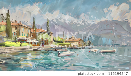 Artistic impression of a serene lakeside village with boats and mountains 116194247