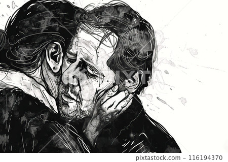 Emotive black and white sketch of two people embracing 116194370