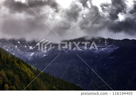 Alpine Peaks with Remnants of Snow and Visible Snow Line in Dark Clouds During Approaching Thunderstorm Alpine Peaks with Remnants of Snow and Visible Snow Line in Dark Clouds During Approaching Thunderstorm 116194405