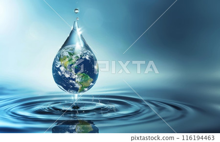 Water drop. Earth globe in blue wave. Concept of environment ecology, conservation. Ecological protection, nature crisis 116194463