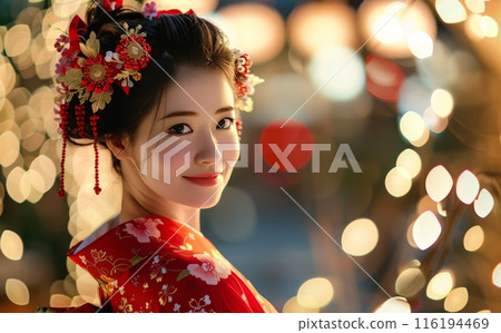 Tradition asian woman in red cloth. Traditional festival holiday celebrate. Attractive female portrait. Beautiful chinese young girl 116194469