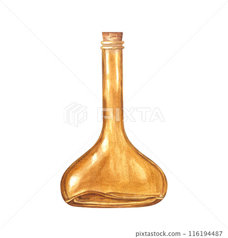 Elegant antique bottle with wooden cork. Pharmacy accessory for medicinal drops, mixtures, syrups. Brown glass with stopper. Template for aromatherapy. Watercolor illustration. For home decor 116194487