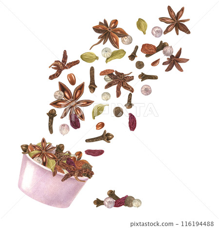Cardamom, star anise, clove, raisin and white pepper in pink bowl. Flying rich aroma winter spice. Aroma ingredients for Xmas drinks and bakery. Organic food. Watercolor illustration for menu design 116194488