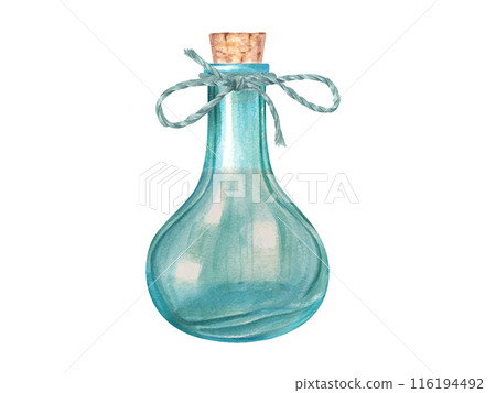Vibrant blue handmade glass bottle with wooden stopper and bow. Designed glassware adorned with decorative cork, jute cord. For home decor, DIY projects, potion inspiration. Watercolor illustration 116194492
