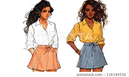 Stylish illustrated women confidently showcase modern casual attire with vibrant colors and eyecatching elegance, perfect for diverse design needs 116194530