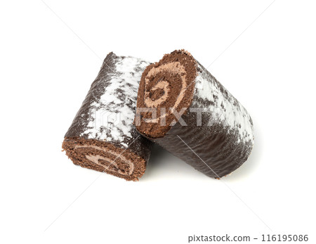 Chocolate Swiss Roll, Round Sponge Cake Isolated, Sliced Rolled Vanilla Biscuit with Cocoa Cream Filling Chocolate Swiss Roll, Round Sponge Cake Isolated, Sliced Rolled Vanilla Biscuit with Cocoa Cream Filling 116195086