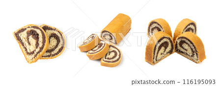 Poppy Seed Swiss Roll, Round Sponge Cake Isolated, Sliced Rolled Vanilla Biscuit with Poppy Seeds Filling Poppy Seed Swiss Roll, Round Sponge Cake Isolated, Sliced Rolled Vanilla Biscuit with Poppy Seeds Filling 116195093