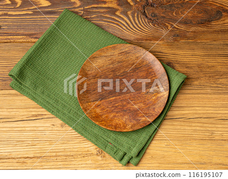 Empty Plate on Wooden Table Top View with Copy Space for Text, Rustical Kitchen Mock Up Empty Plate on Wooden Table Top View with Copy Space for Text, Rustical Kitchen Mock Up 116195107