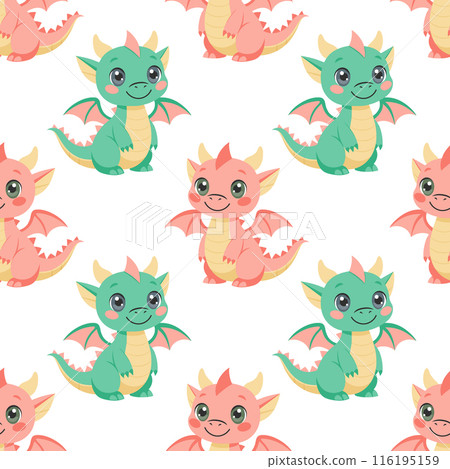 Seamless pattern, cute colorful dragons on a white background. Cute cartoon dinosaurs. Design for textiles, print 116195159