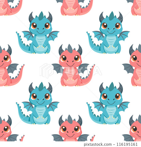 Seamless pattern, cute colorful dragons on a white background. Cute cartoon dinosaurs. Design for textiles, print 116195161